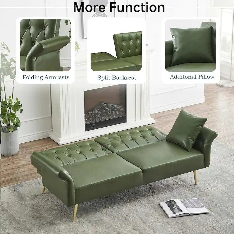 Futon Sofa Rozkładana, Sofa Składana ze Sztucznej Skóry, Rozkładana Kanapa z Regulowanymi Podłokietnikami do Małych Przestrzeni