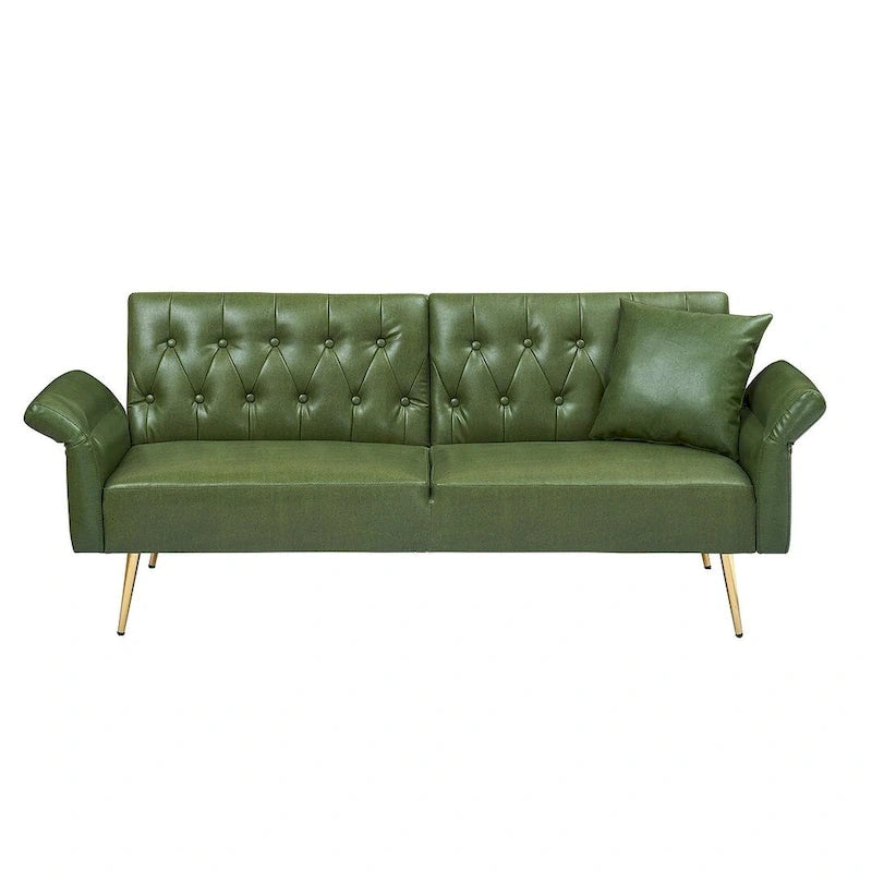 Futon Sofa Rozkładana, Sofa Składana ze Sztucznej Skóry, Rozkładana Kanapa z Regulowanymi Podłokietnikami do Małych Przestrzeni