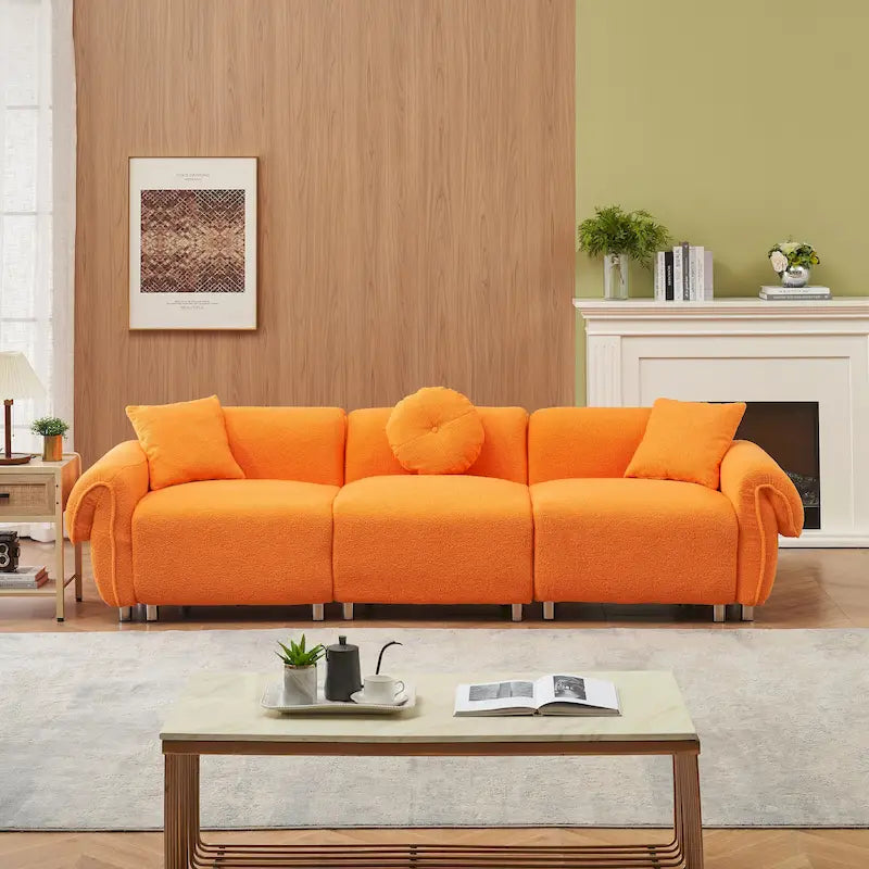 Canapé trois places en tissu velours Teddy orange, avec 3 oreillers, peut être placé dans le salon et d'autres pièces