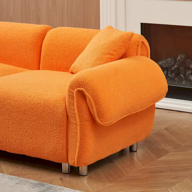 Canapé trois places en tissu velours Teddy orange, avec 3 oreillers, peut être placé dans le salon et d'autres pièces