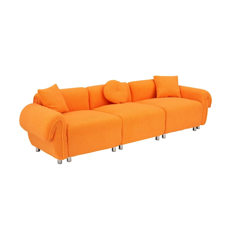 Canapé trois places en tissu velours Teddy orange, avec 3 oreillers, peut être placé dans le salon et d'autres pièces