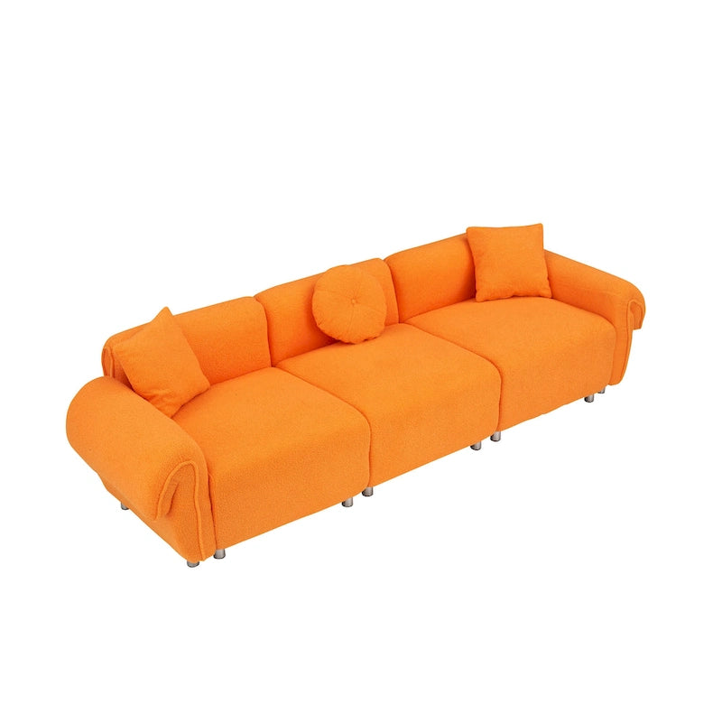 Canapé trois places en tissu velours Teddy orange, avec 3 oreillers, peut être placé dans le salon et d'autres pièces