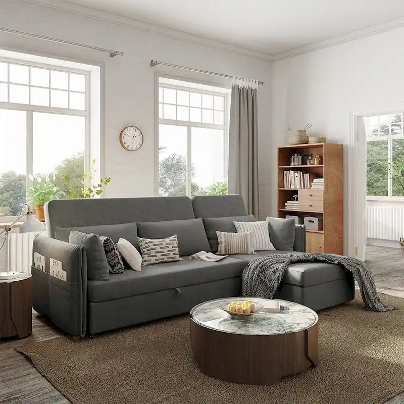 98.43 Nowoczesna, minimalistyczna rozkładana sofa narożna w kształcie litery LOdporna na zarysowania i wodoodporna, stelaż z litego drewna