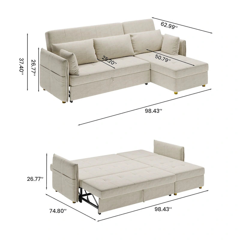 98.43 Nowoczesna, minimalistyczna rozkładana sofa narożna w kształcie litery LOdporna na zarysowania i wodoodporna, stelaż z litego drewna