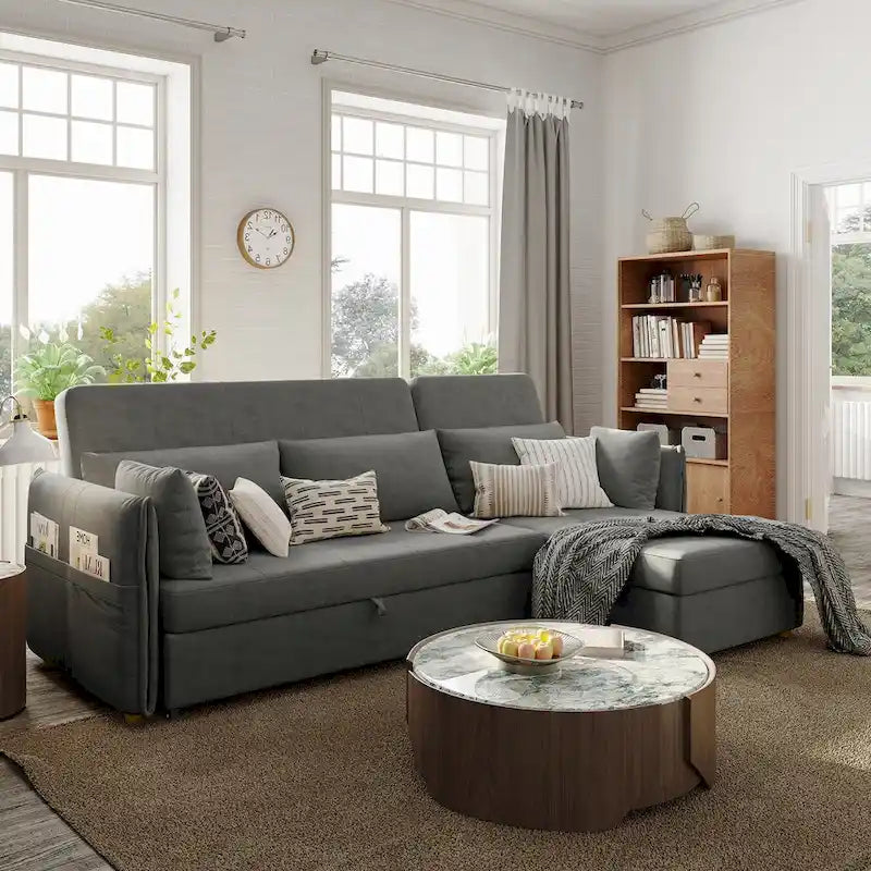 98.43 Nowoczesna, minimalistyczna rozkładana sofa narożna w kształcie litery LOdporna na zarysowania i wodoodporna, stelaż z litego drewna