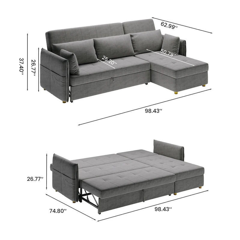 98.43 Nowoczesna, minimalistyczna rozkładana sofa narożna w kształcie litery LOdporna na zarysowania i wodoodporna, stelaż z litego drewna