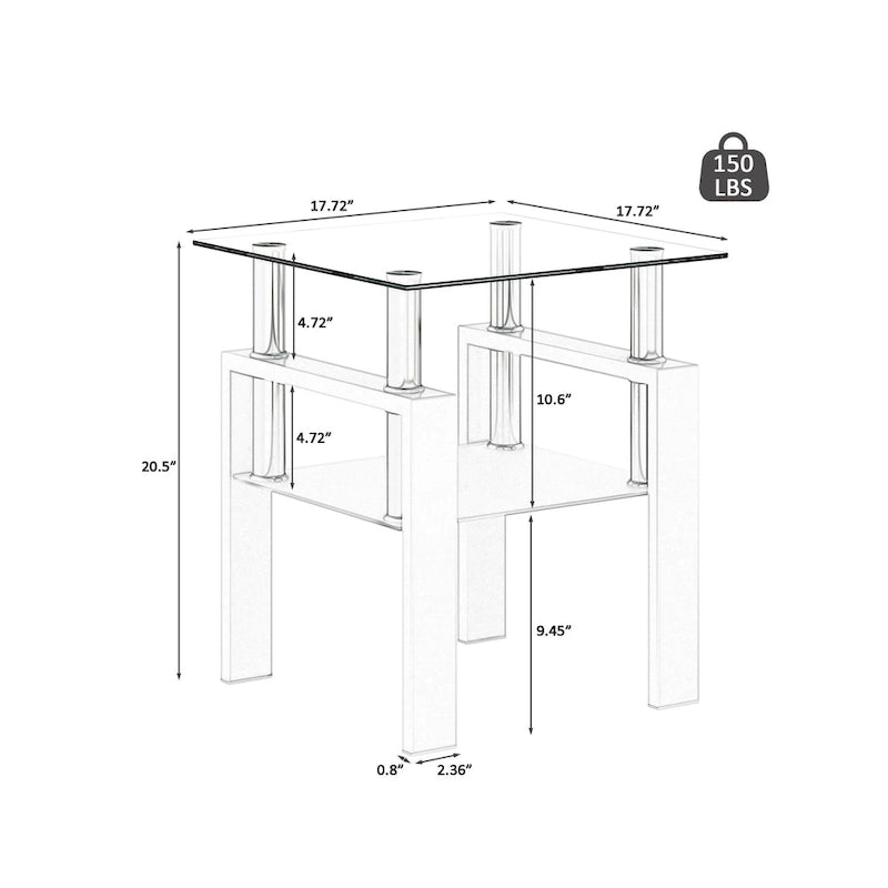 Table de thé/café/d'appoint carrée moderne en verre trempé - 17,72 long. x 17,72 larg. x 20,5 haut.