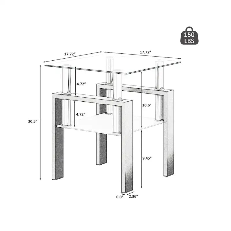 Table de thé/café/d'appoint carrée moderne en verre trempé - 17,72 long. x 17,72 larg. x 20,5 haut.