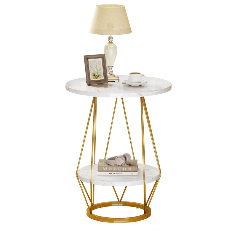 Moasis Table d'appoint ronde à 2 niveaux avec plateau en faux marbre pour salon