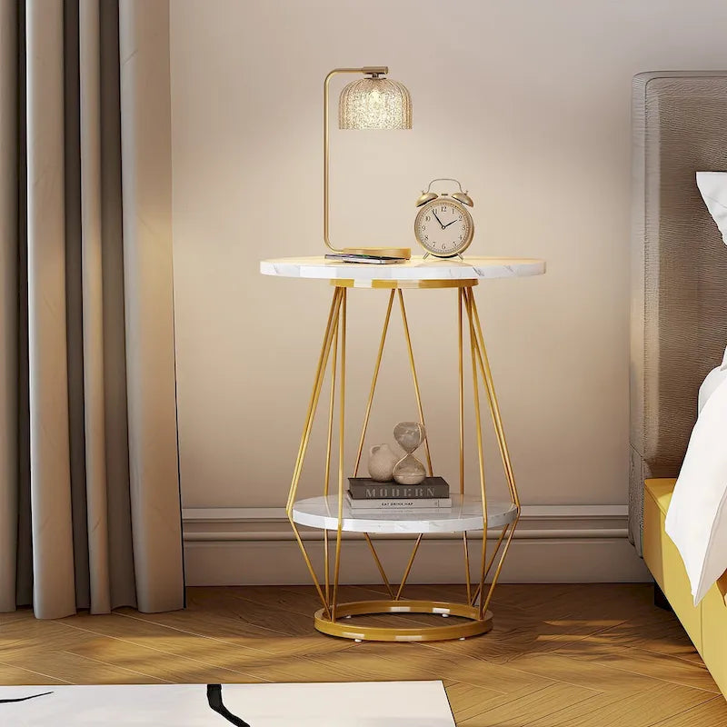Moasis Table d'appoint ronde à 2 niveaux avec plateau en faux marbre pour salon