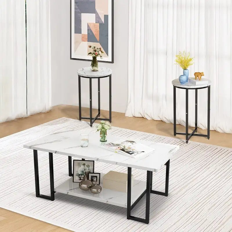 Ensemble de 3 tables basses Grondin Modern Style avec 2 tables d'appoint, ensemble de 3 tables de salon avec plateau en faux marbre