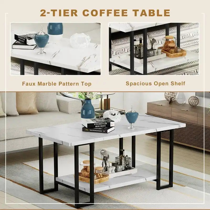 Ensemble de 3 tables basses Grondin Modern Style avec 2 tables d'appoint, ensemble de 3 tables de salon avec plateau en faux marbre