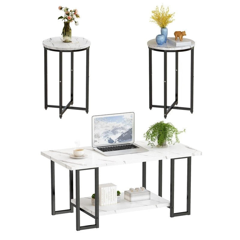 Ensemble de 3 tables basses Grondin Modern Style avec 2 tables d'appoint, ensemble de 3 tables de salon avec plateau en faux marbre