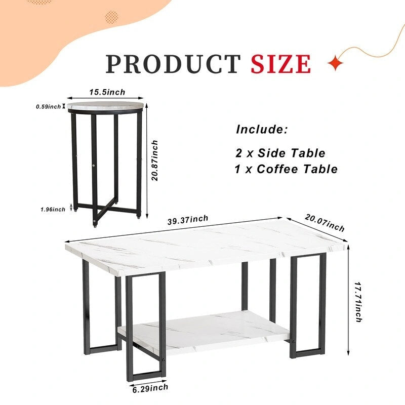 Ensemble de 3 tables basses Grondin Modern Style avec 2 tables d'appoint, ensemble de 3 tables de salon avec plateau en faux marbre