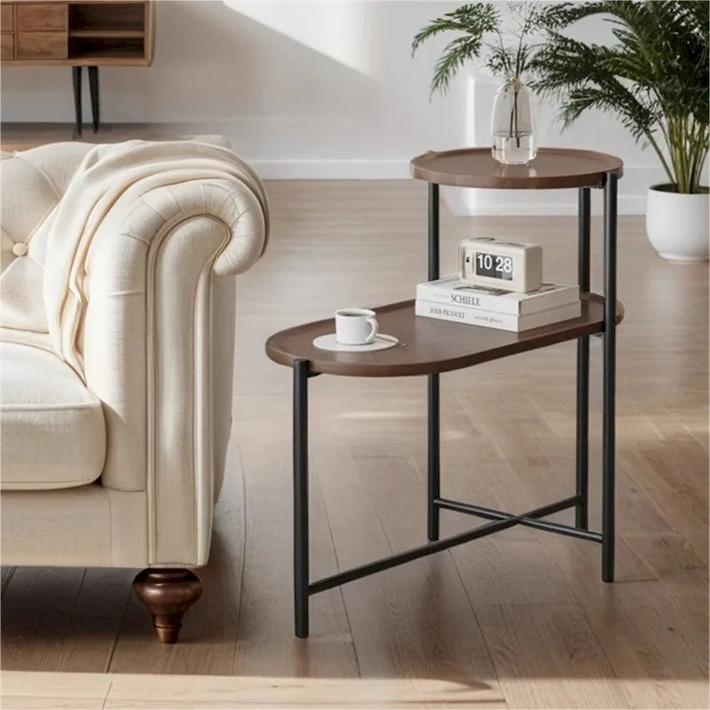 Table d'appoint ronde moderne à 2 niveaux avec étagère de rangement en bois