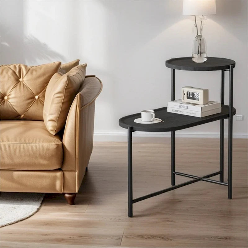Table d'appoint ronde moderne à 2 niveaux avec étagère de rangement en bois