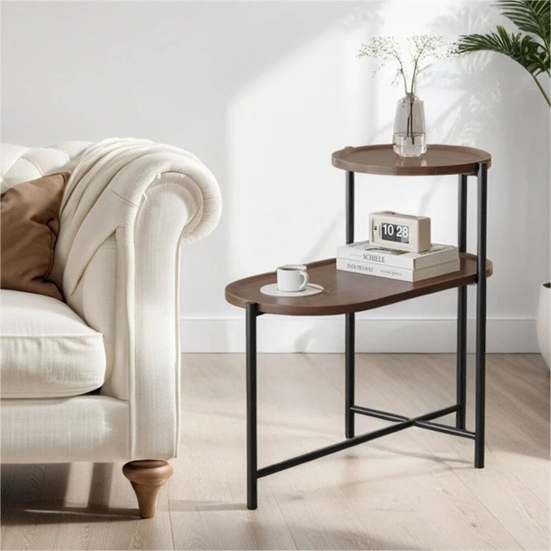 Table d'appoint ronde moderne à 2 niveaux avec étagère de rangement en bois