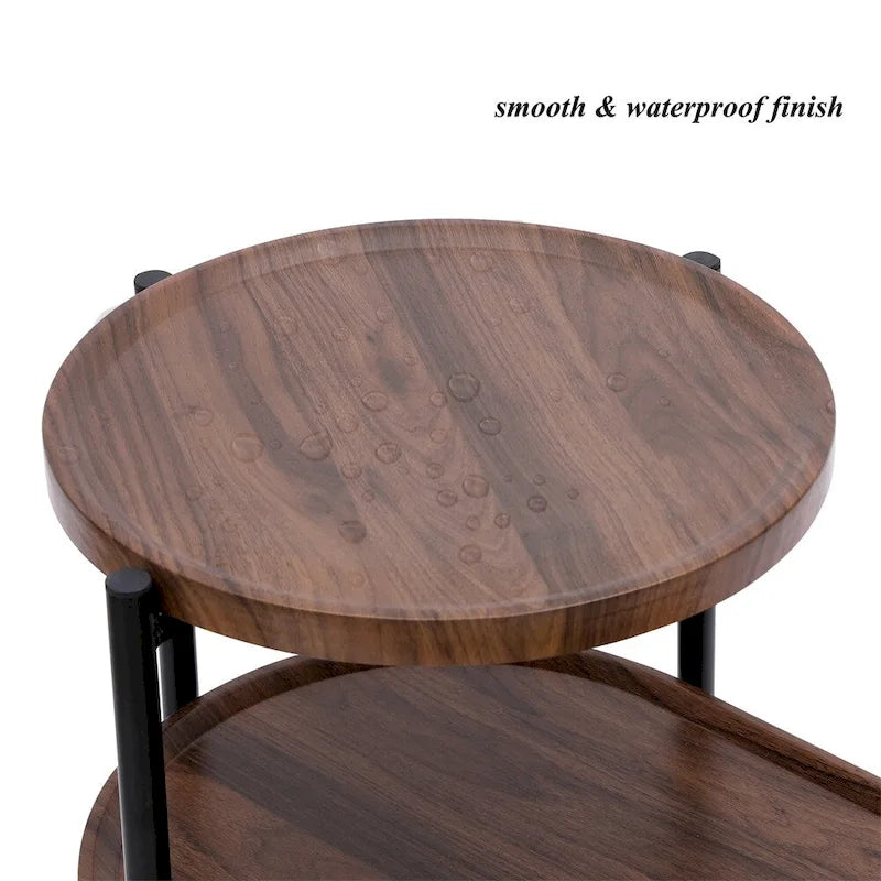 Table d'appoint ronde moderne à 2 niveaux avec étagère de rangement en bois
