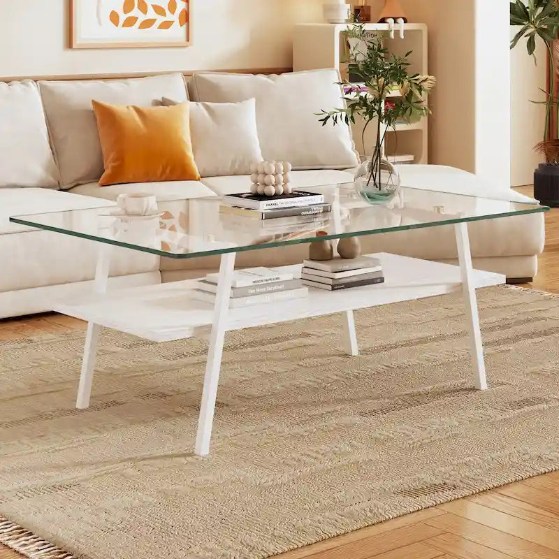 Table basse rectangulaire, plateau en verre trempé avec pieds en métal blanc, table moderne pour salon, verre transparent