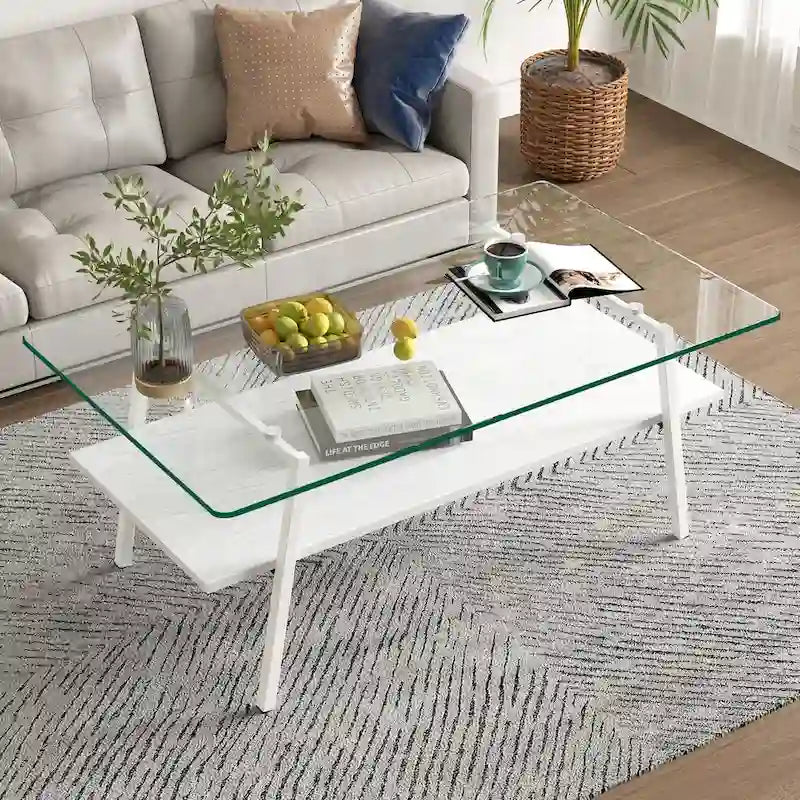 Table basse rectangulaire, plateau en verre trempé avec pieds en métal blanc, table moderne pour salon, verre transparent