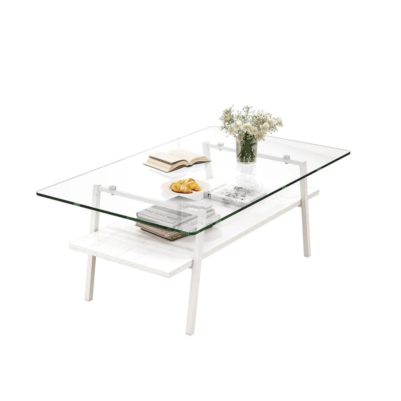 Table basse rectangulaire, plateau en verre trempé avec pieds en métal blanc, table moderne pour salon, verre transparent