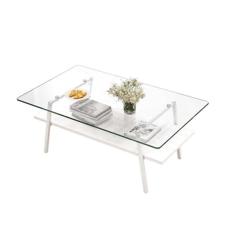 Table basse rectangulaire, plateau en verre trempé avec pieds en métal blanc, table moderne pour salon, verre transparent