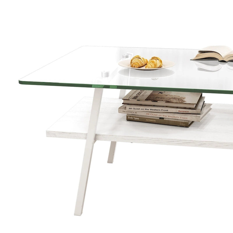 Table basse rectangulaire, plateau en verre trempé avec pieds en métal blanc, table moderne pour salon, verre transparent