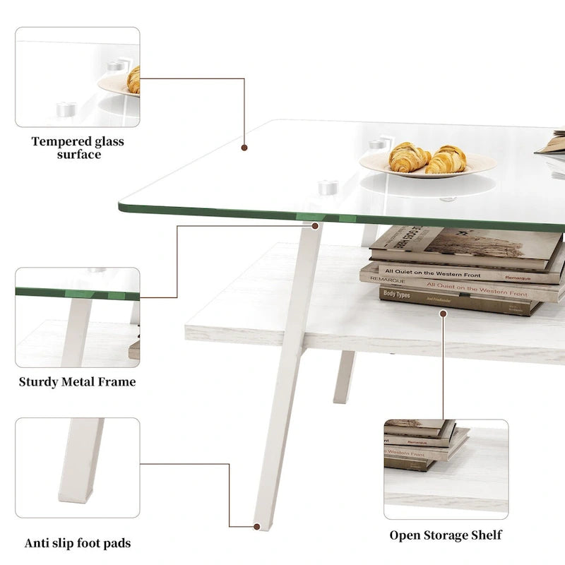 Table basse rectangulaire, plateau en verre trempé avec pieds en métal blanc, table moderne pour salon, verre transparent