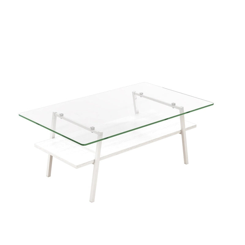 Table basse rectangulaire, plateau en verre trempé avec pieds en métal blanc, table moderne pour salon, verre transparent