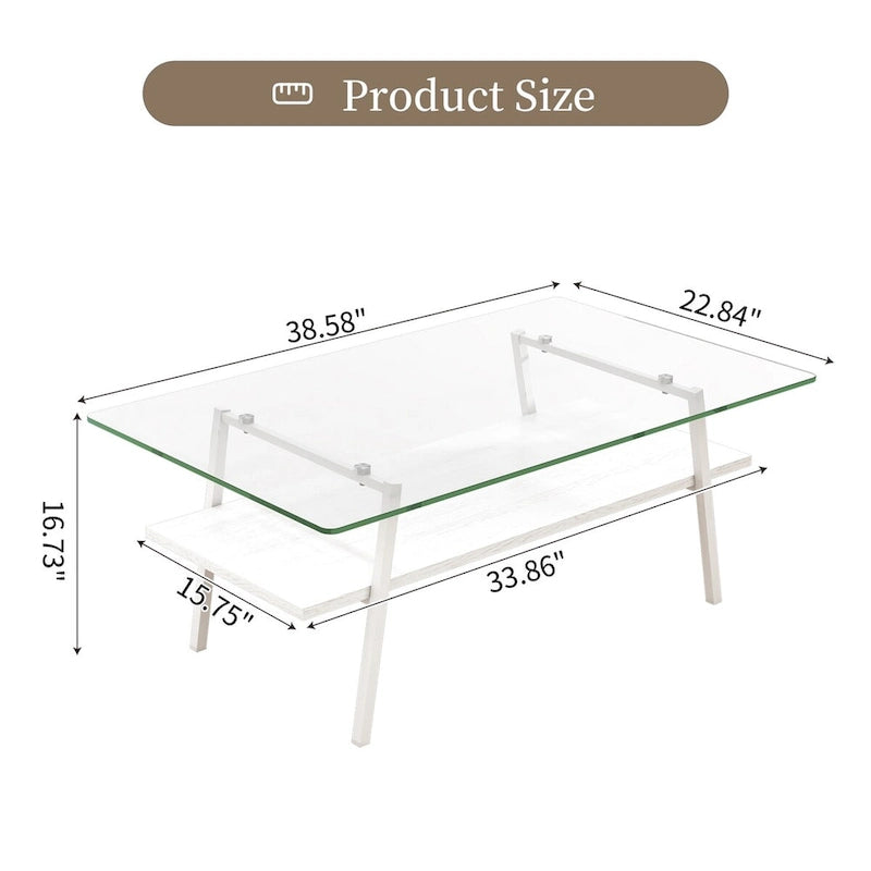 Table basse rectangulaire, plateau en verre trempé avec pieds en métal blanc, table moderne pour salon, verre transparent