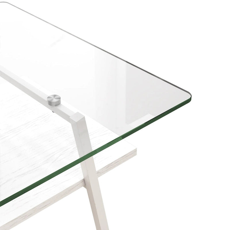 Table basse rectangulaire, plateau en verre trempé avec pieds en métal blanc, table moderne pour salon, verre transparent