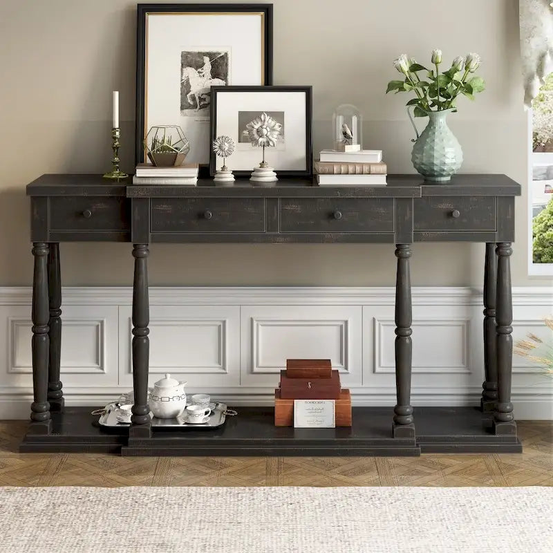Console de style rétro pour entrée, salon ou chambre, avec 4 tiroirs de rangement et 1 étagère