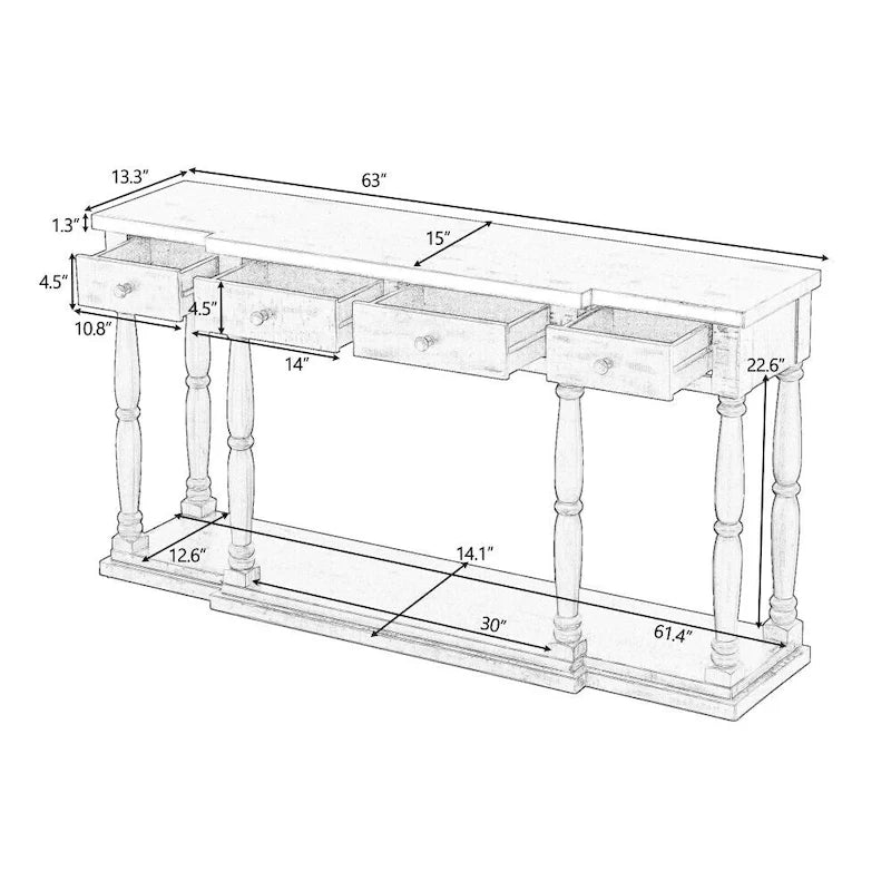 Console de style rétro pour entrée, salon ou chambre, avec 4 tiroirs de rangement et 1 étagère