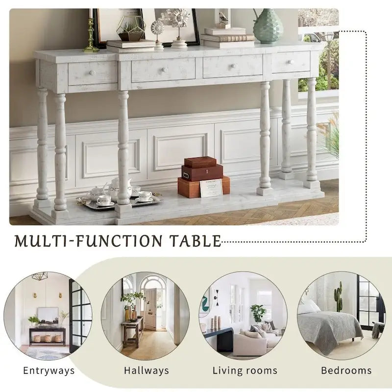 Console de style rétro pour entrée, salon ou chambre, avec 4 tiroirs de rangement et 1 étagère