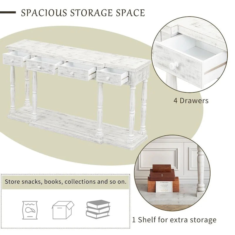 Console de style rétro pour entrée, salon ou chambre, avec 4 tiroirs de rangement et 1 étagère
