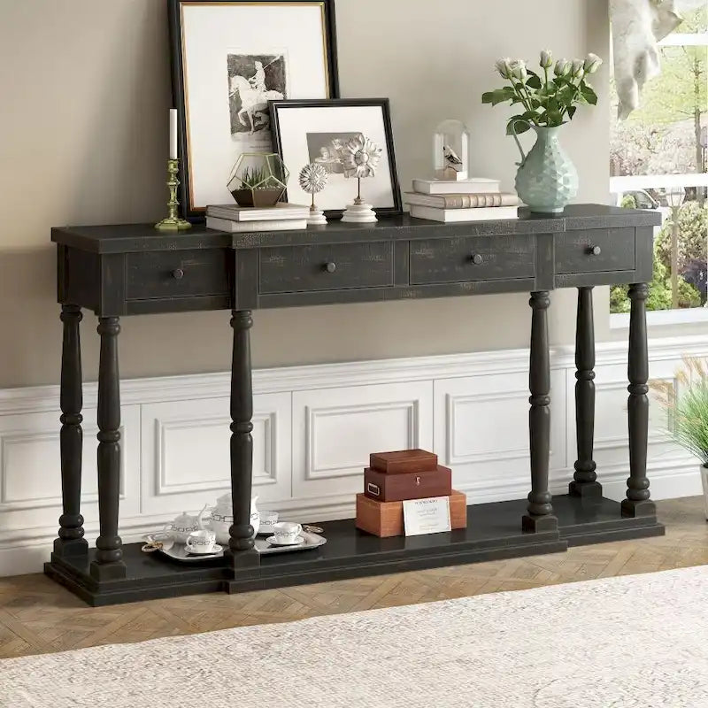 Console de style rétro pour entrée, salon ou chambre, avec 4 tiroirs de rangement et 1 étagère
