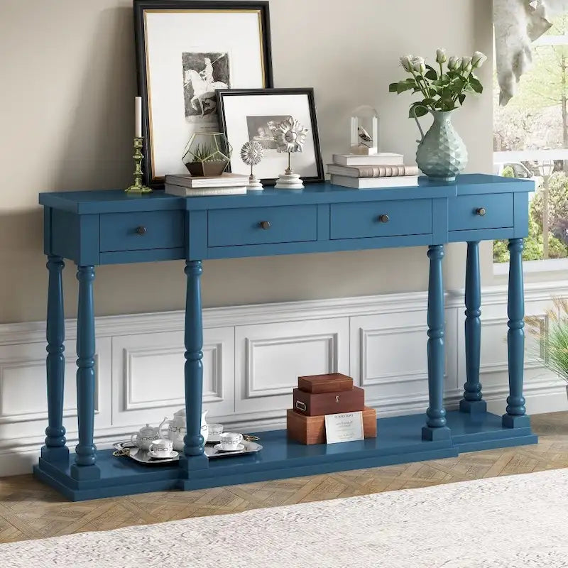 Console de style rétro pour entrée, salon ou chambre, avec 4 tiroirs de rangement et 1 étagère