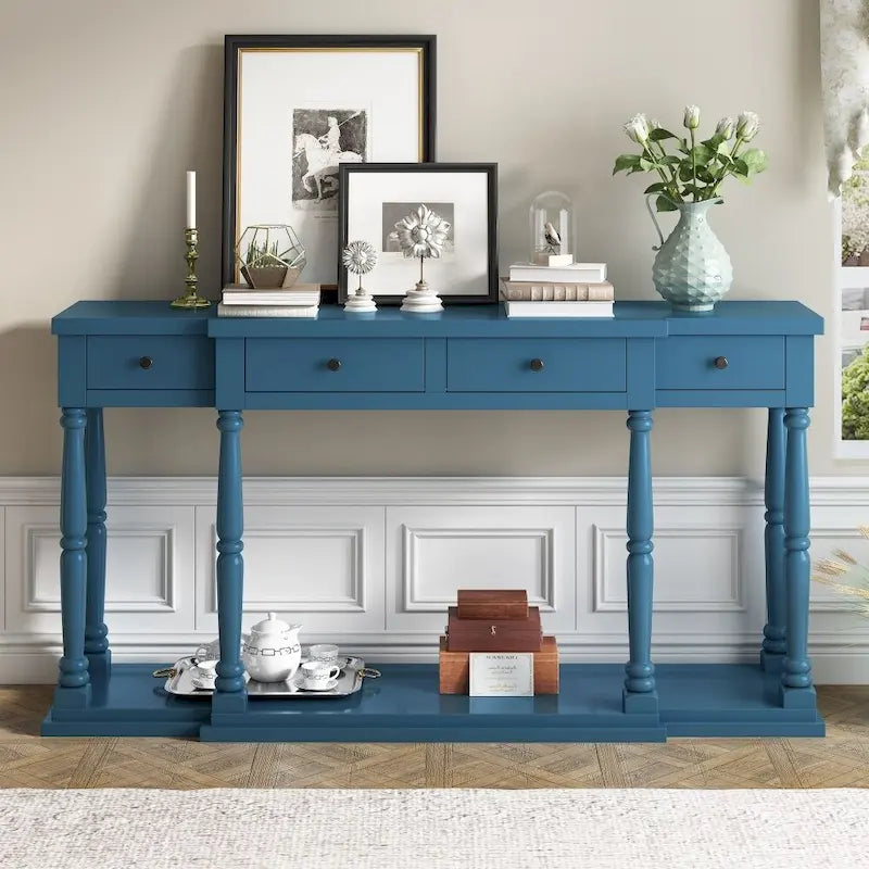 Console de style rétro pour entrée, salon ou chambre, avec 4 tiroirs de rangement et 1 étagère