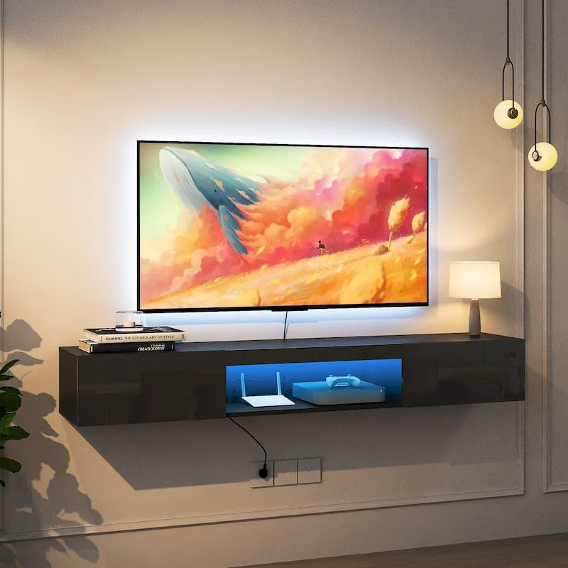 Wiszący Stolik RTV Półka Pod Telewizor Ścienny z 20 Kolorami LED do TV 55 60 65 Cali