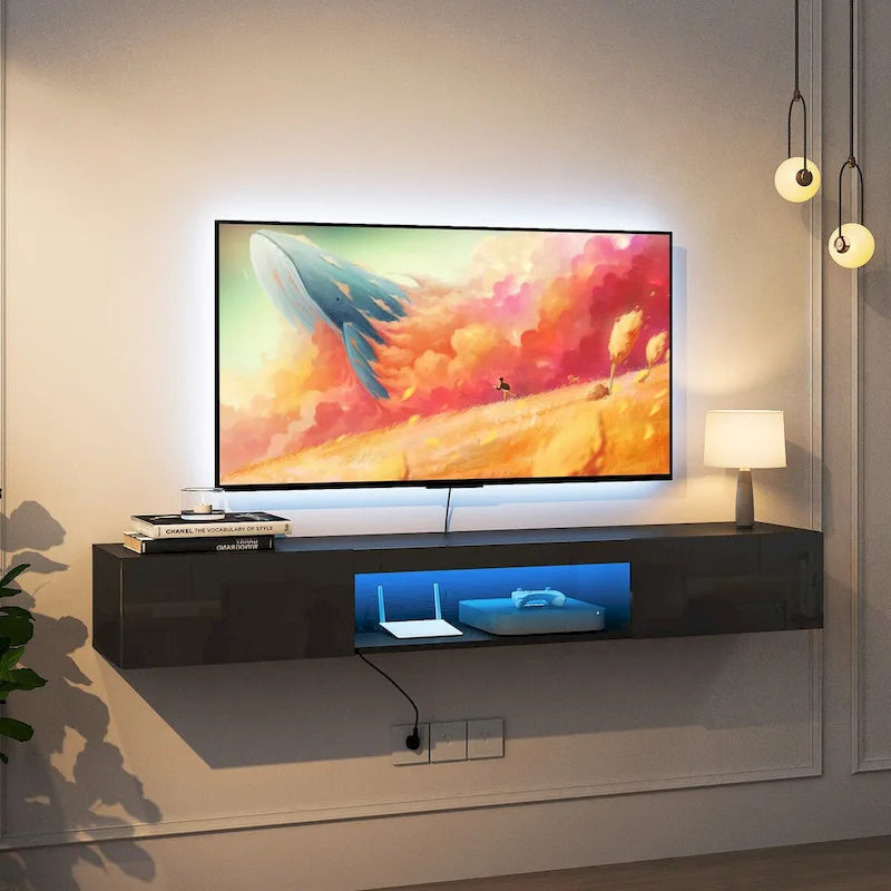 Wiszący Stolik RTV Półka Pod Telewizor Ścienny z 20 Kolorami LED do TV 55 60 65 Cali