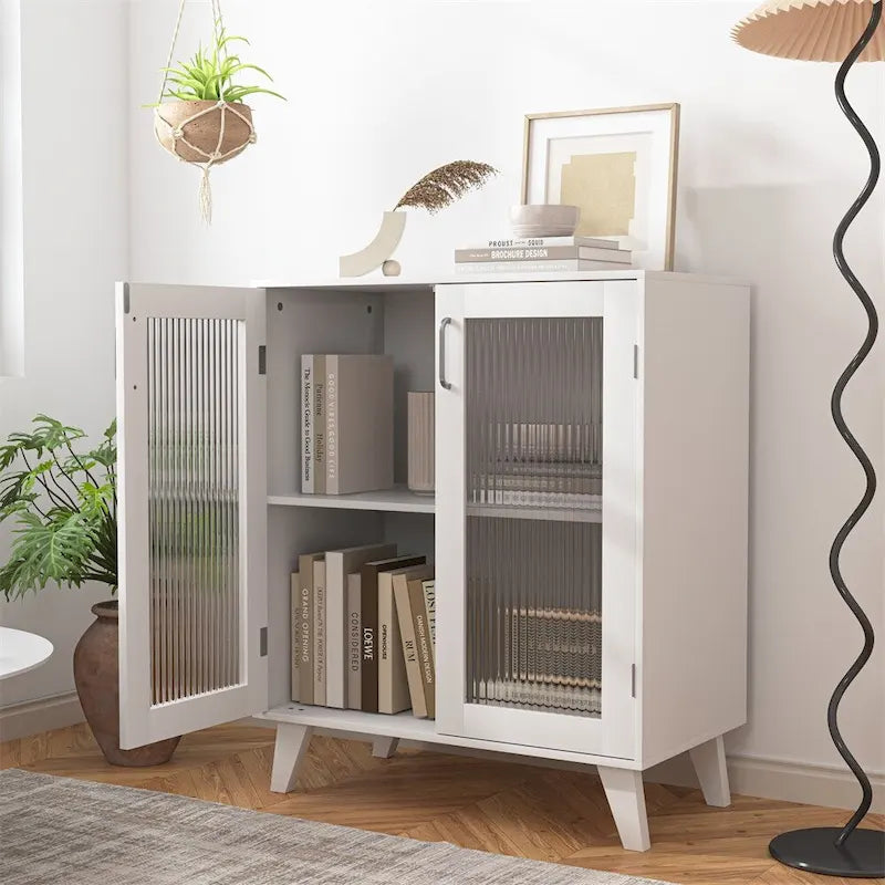 Meuble de rangement moderne avec 2 portes vitrées et une étagère réglable