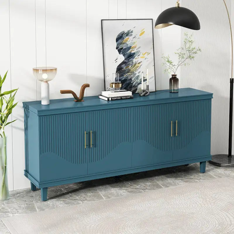 70.07Grand buffet 4 portes, identique pour salon, cuisine, chambre, couloir, vert olive, bleu marine, bleu paon