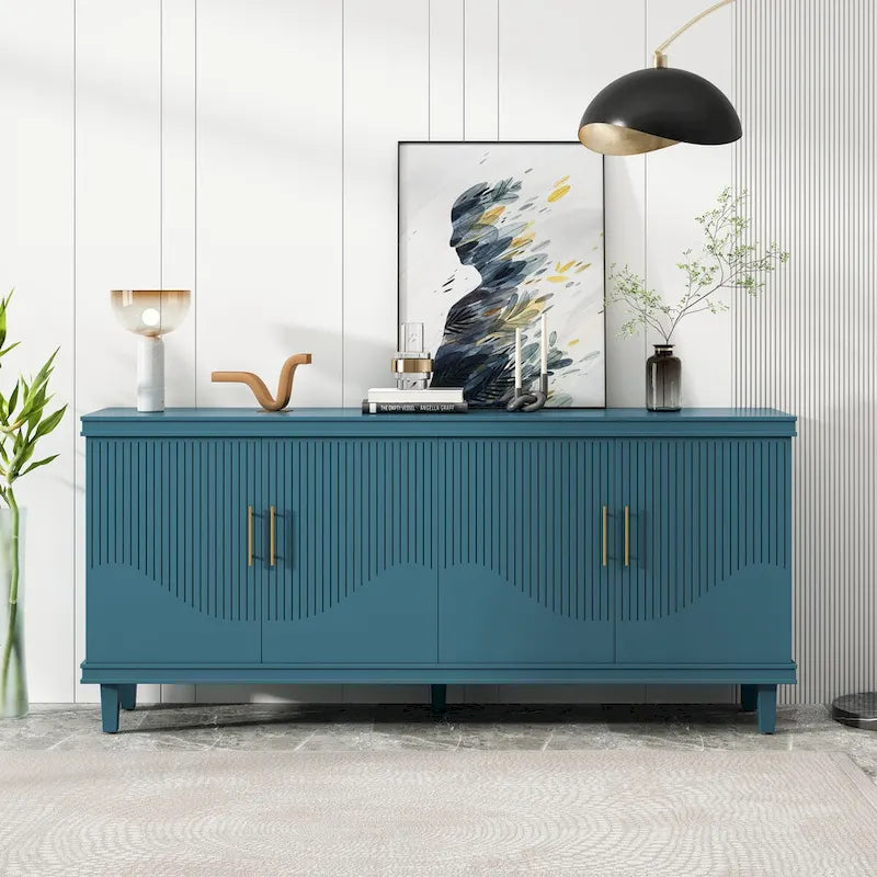 70.07Grand buffet 4 portes, identique pour salon, cuisine, chambre, couloir, vert olive, bleu marine, bleu paon