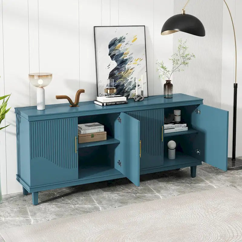 70.07Grand buffet 4 portes, identique pour salon, cuisine, chambre, couloir, vert olive, bleu marine, bleu paon