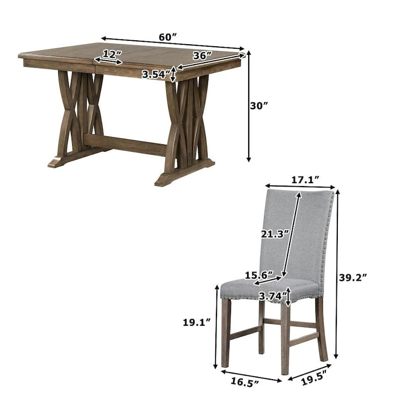 Ensemble de salle à manger 7 pièces, table de cuisine extensible avec chaises rembourrées, gris