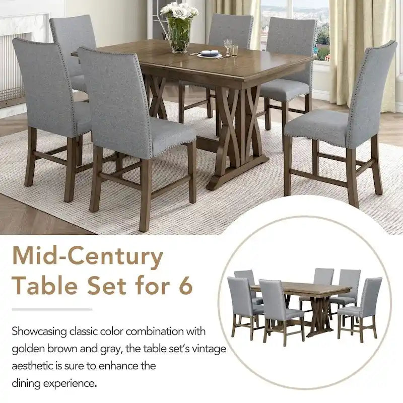 Ensemble de salle à manger 7 pièces, table de cuisine extensible avec chaises rembourrées, gris