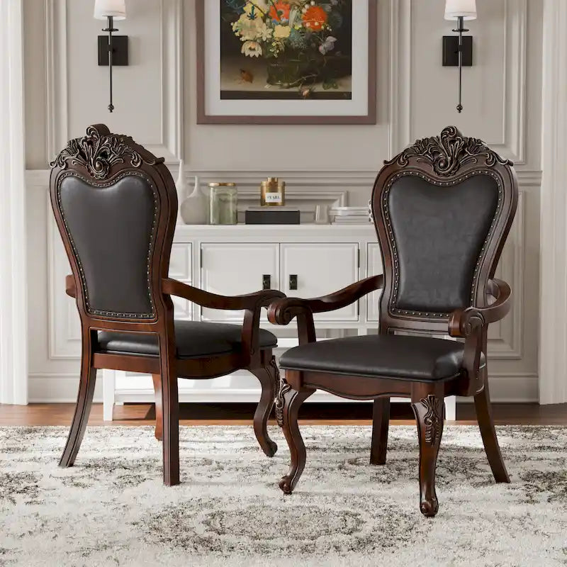 Chaises de salle à manger avec accoudoirs Eugene de Furniture of America, en bois massif traditionnel, avec garniture cloutée et pieds cabrioles (Lot de 2)