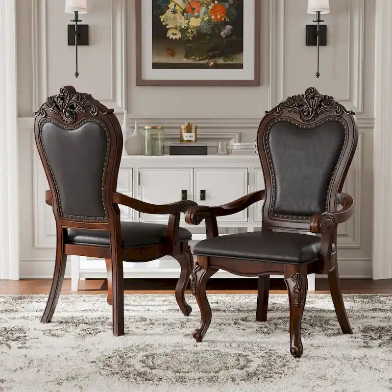 Chaises de salle à manger avec accoudoirs Eugene de Furniture of America, en bois massif traditionnel, avec garniture cloutée et pieds cabrioles (Lot de 2)