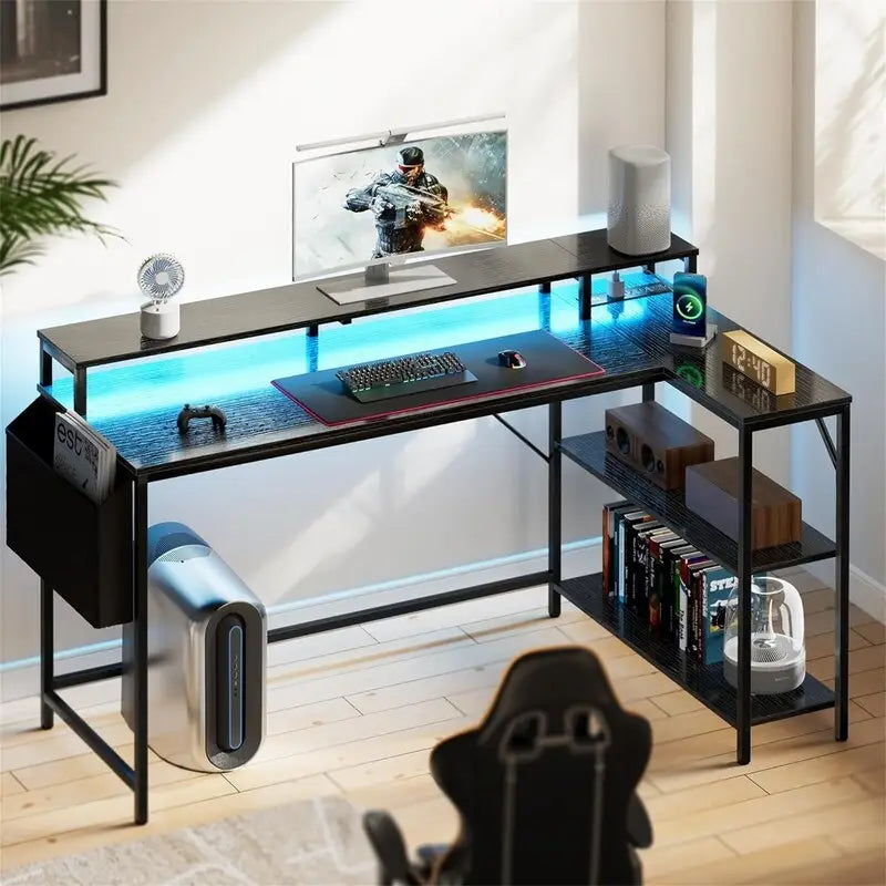 Bureau gaming en L avec lumières LED