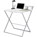 Urban Shop No Tools Assembly Foldable 2 Tier Compact Computer Desk, Marble Top with Silver Frame